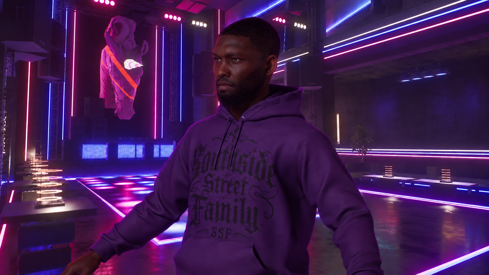 Southside Street Family member in a purple SSF hoodie inside their nightclub